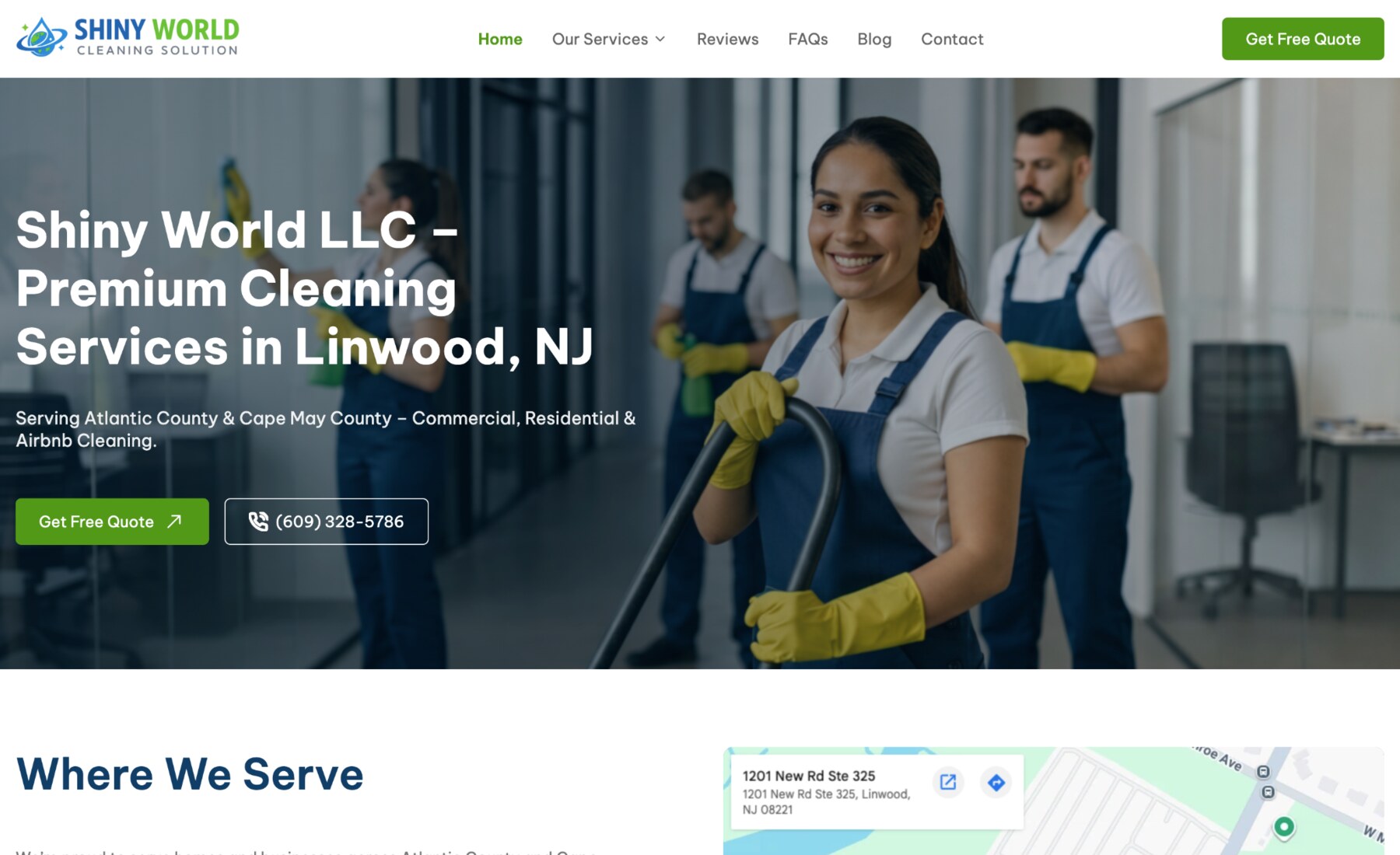 Shiny World Cleaning Services website homepage
