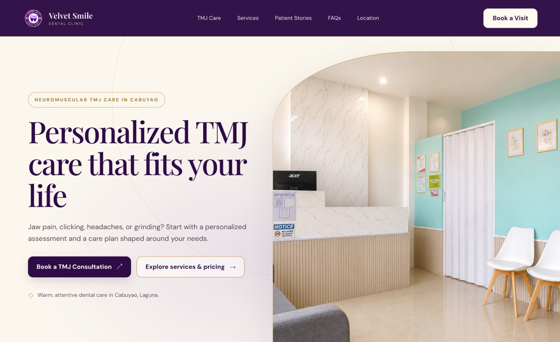 Velvet Smile Dental Clinic website homepage